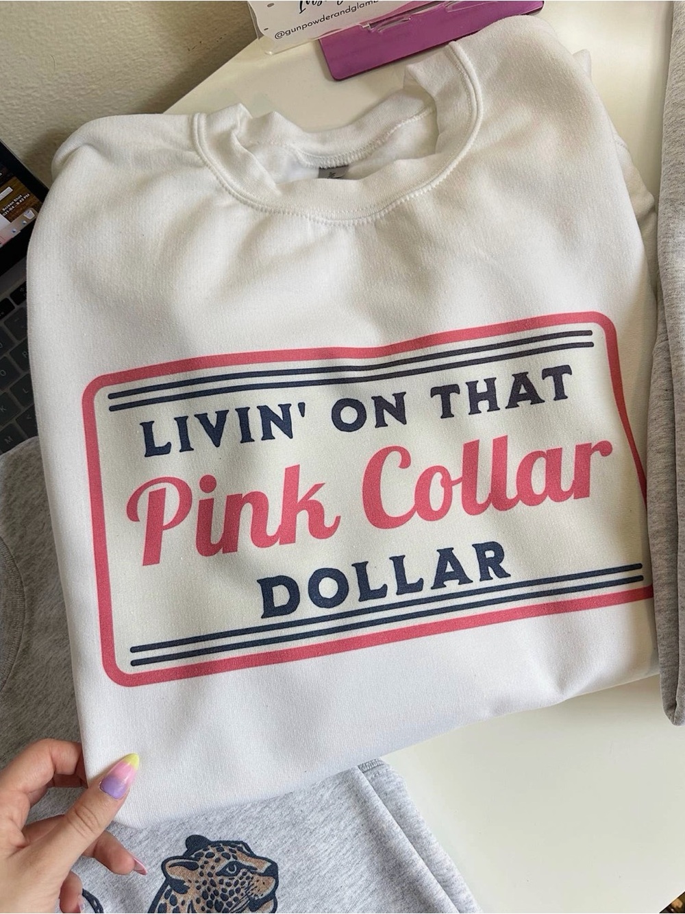White Sweatshirt with Pink Collar Graphic